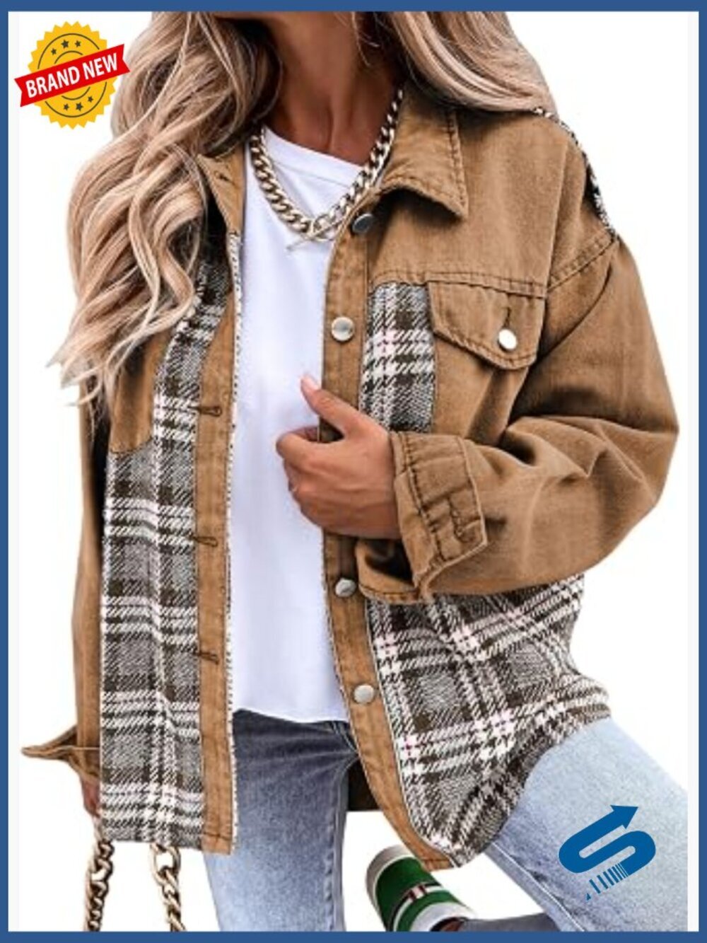 Oversized Denim Jacket Long Sleeve Button Down Plaid Shacket Boyfriend Jean